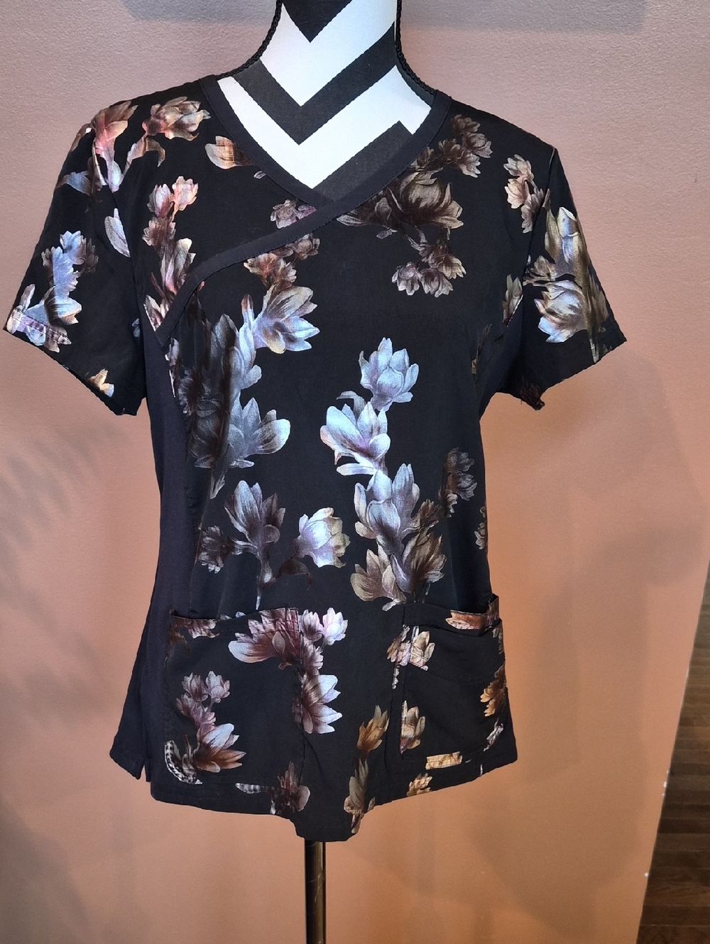 Floral Print Women's V-Neck Work Top in Black and Taupe